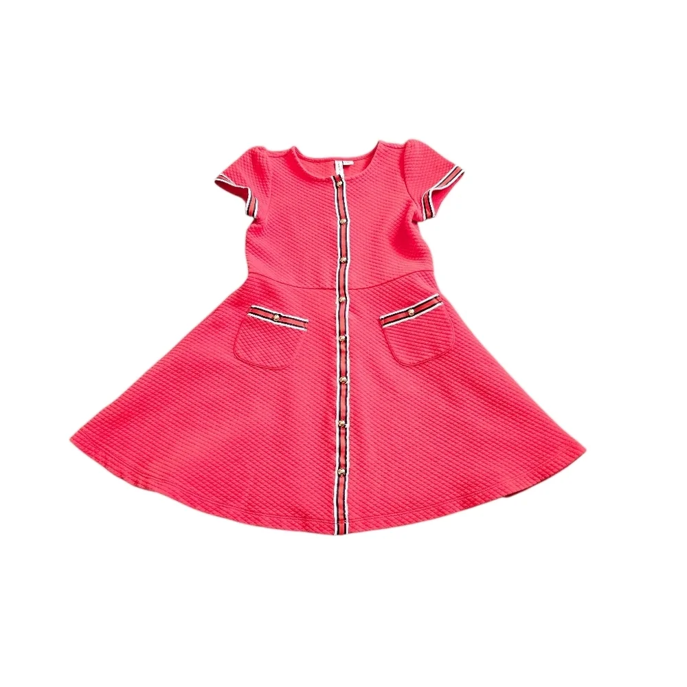 Janie and Jack Coral Red Textured Dress Size 6 Gold Buttons